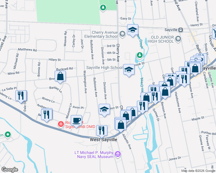 map of restaurants, bars, coffee shops, grocery stores, and more near 85 Tyler Avenue in West Sayville