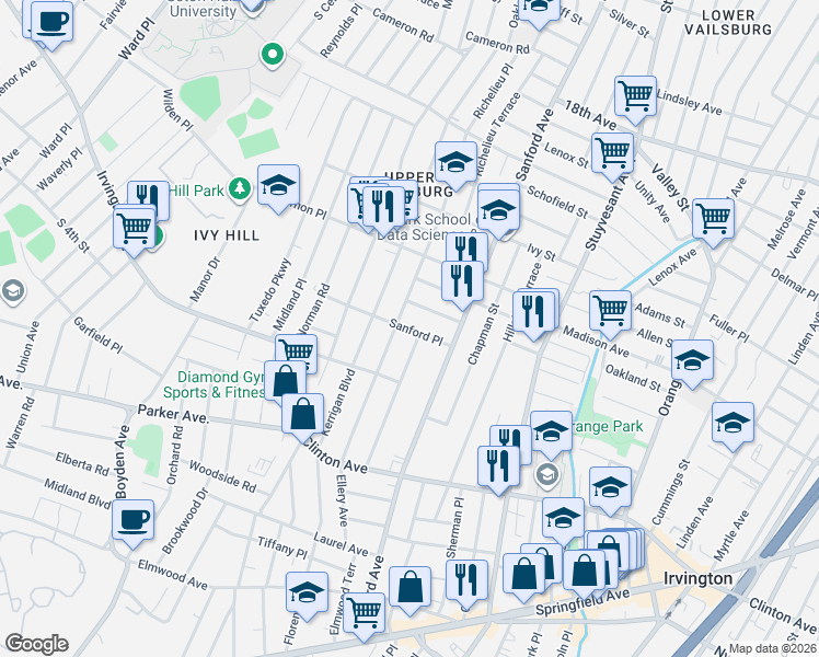 map of restaurants, bars, coffee shops, grocery stores, and more near 29 Sanford Place in Newark