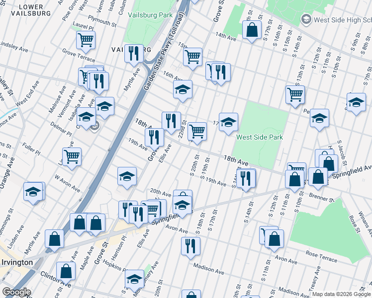 map of restaurants, bars, coffee shops, grocery stores, and more near 649 18th Avenue in Irvington