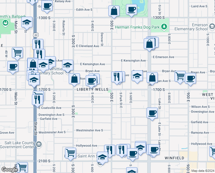 map of restaurants, bars, coffee shops, grocery stores, and more near 469 East 1700 South in Salt Lake City