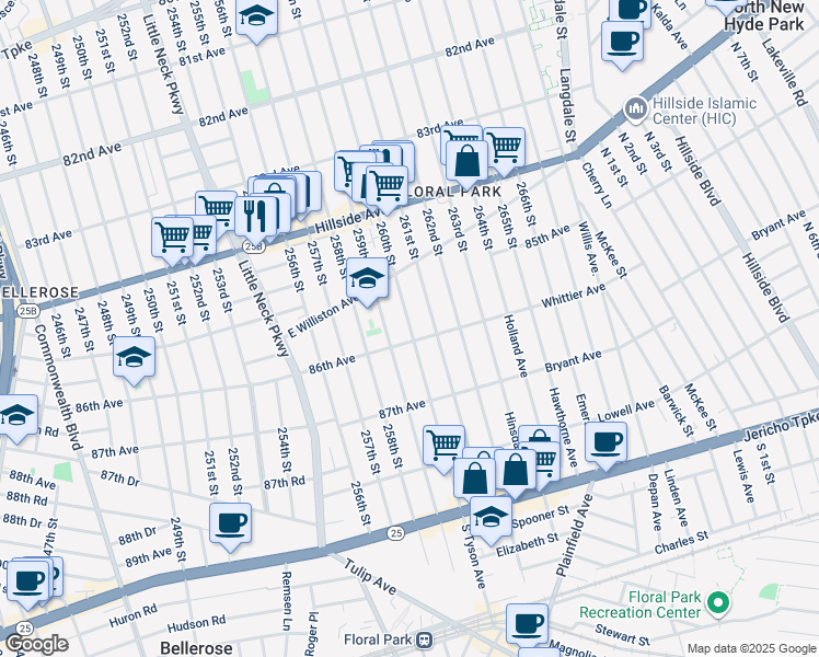 map of restaurants, bars, coffee shops, grocery stores, and more near 85-62 260th Street in Queens
