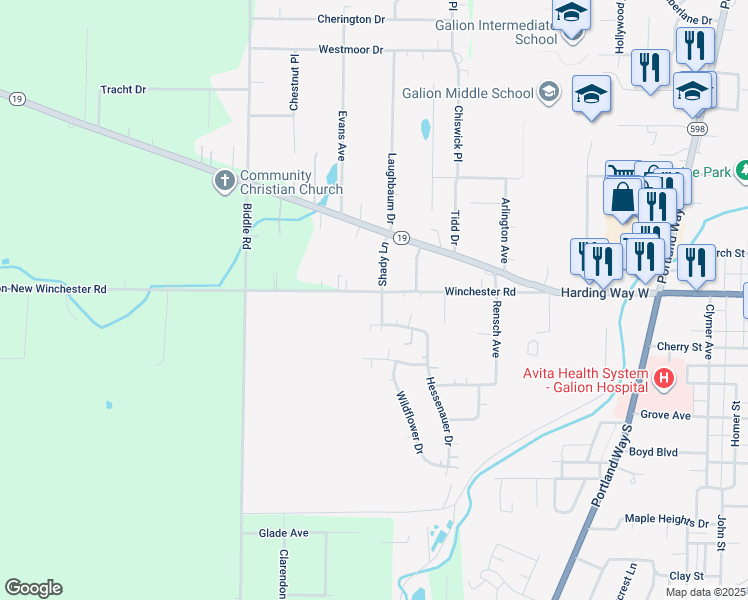 map of restaurants, bars, coffee shops, grocery stores, and more near 110 Shady Lane in Galion