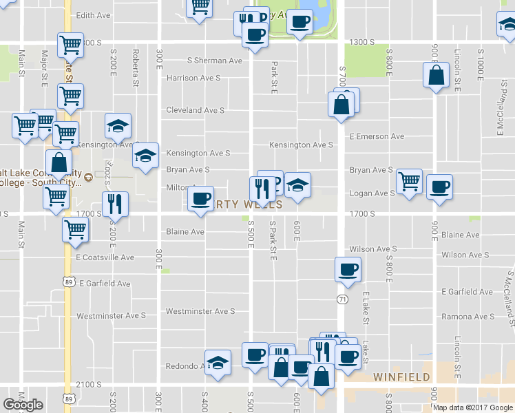 map of restaurants, bars, coffee shops, grocery stores, and more near 501 East 1700 South in Salt Lake City