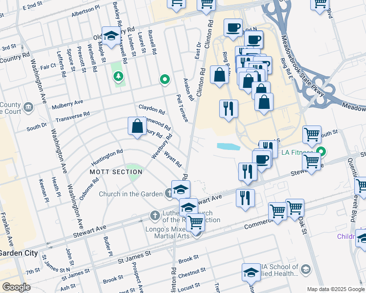 map of restaurants, bars, coffee shops, grocery stores, and more near 1 Russell Road in Garden City