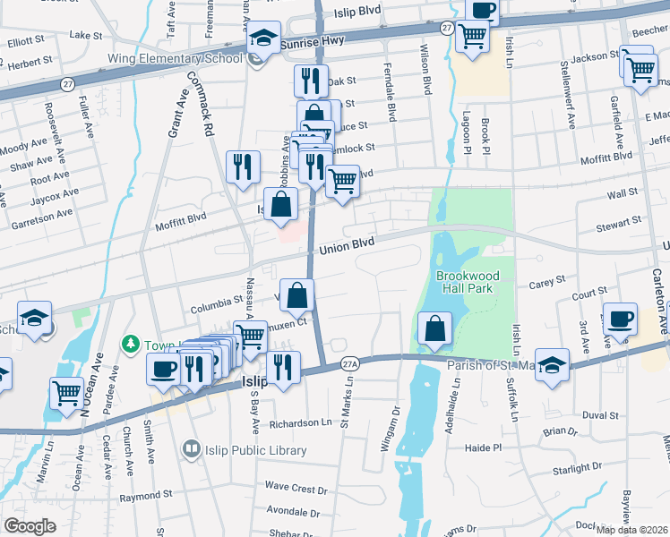 map of restaurants, bars, coffee shops, grocery stores, and more near 48 Darcy Circle in Islip