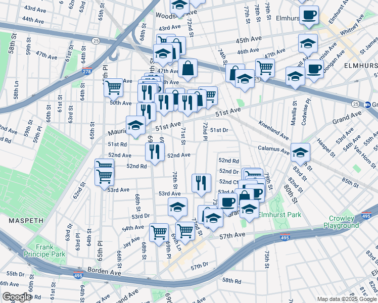 map of restaurants, bars, coffee shops, grocery stores, and more near 51-59 71st Street in Queens