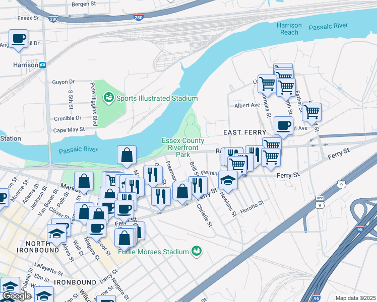 map of restaurants, bars, coffee shops, grocery stores, and more near 8 Brill Street in Newark