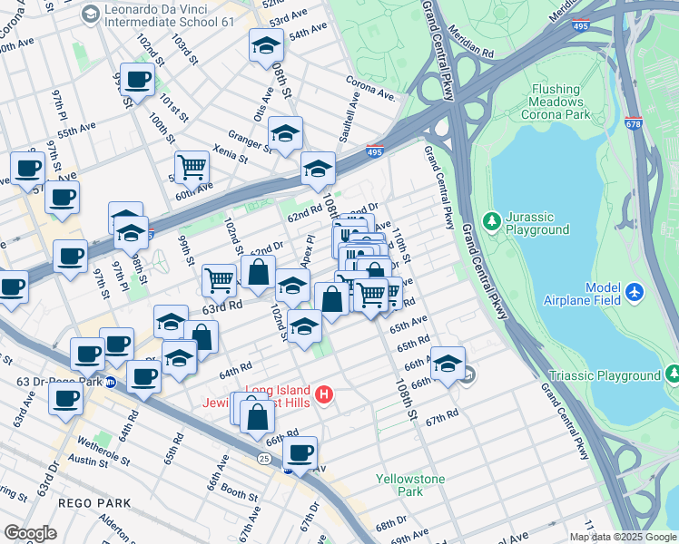 map of restaurants, bars, coffee shops, grocery stores, and more near 105-42 63rd Road in Queens
