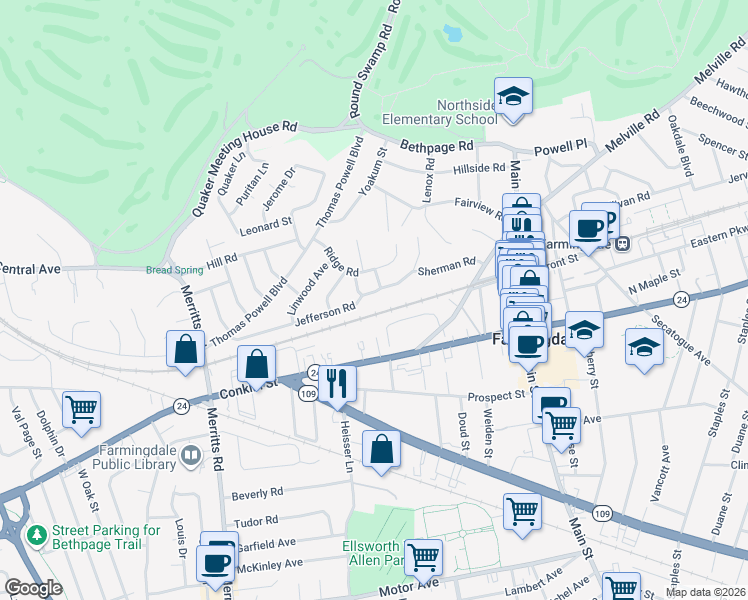 map of restaurants, bars, coffee shops, grocery stores, and more near 52 Jefferson Road in Farmingdale