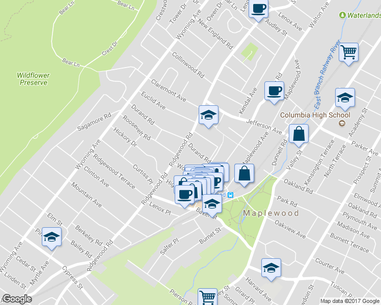 map of restaurants, bars, coffee shops, grocery stores, and more near 48 Durand Road in Maplewood