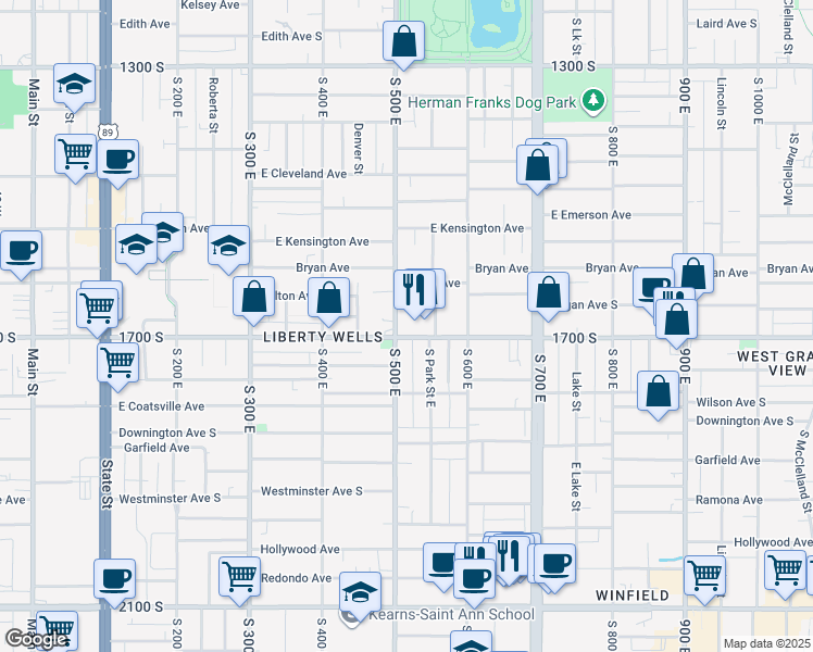 map of restaurants, bars, coffee shops, grocery stores, and more near 501 East 1700 South in Salt Lake City