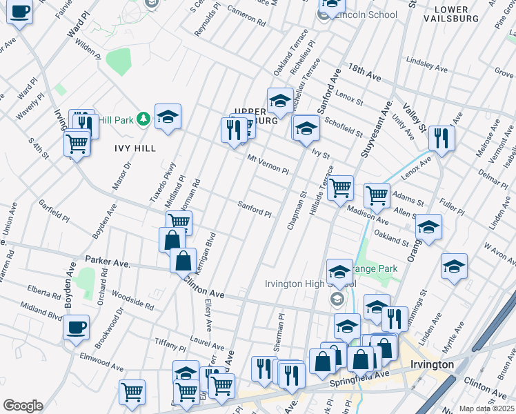 map of restaurants, bars, coffee shops, grocery stores, and more near 29 Sanford Place in Newark