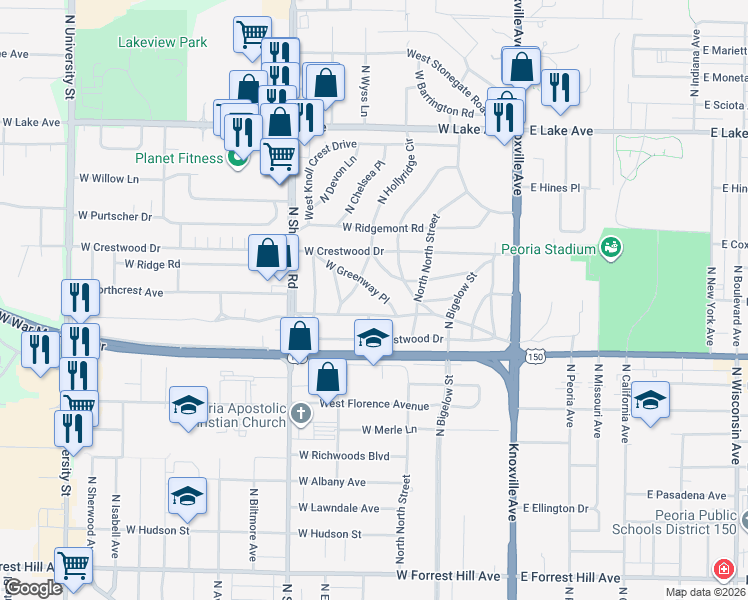 map of restaurants, bars, coffee shops, grocery stores, and more near 418 West Greenway Place in Peoria