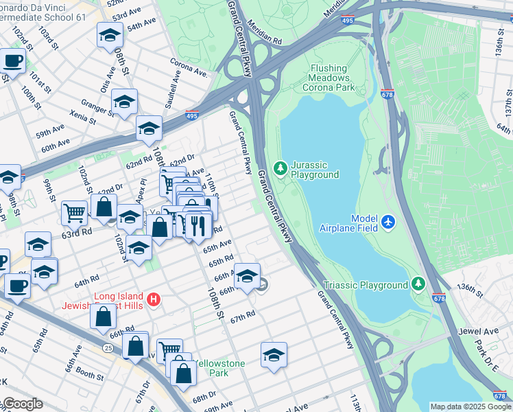 map of restaurants, bars, coffee shops, grocery stores, and more near 64-02 Grand Central Parkway in Queens