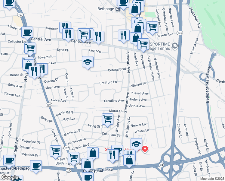 map of restaurants, bars, coffee shops, grocery stores, and more near 30 Acme Avenue in Bethpage