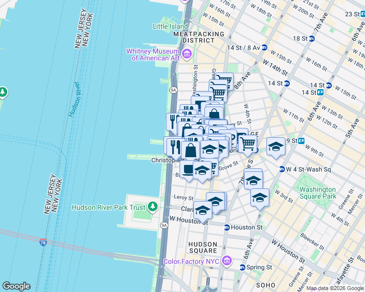 map of restaurants, bars, coffee shops, grocery stores, and more near 680 Washington Street in New York