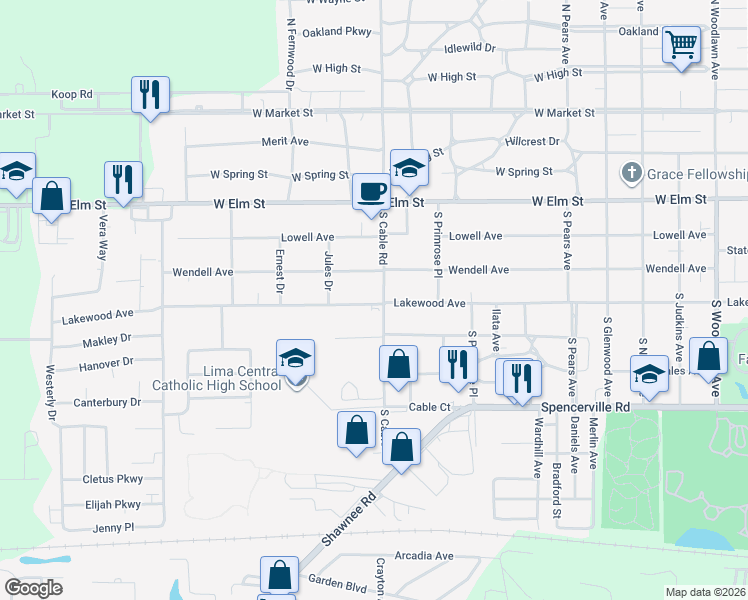 map of restaurants, bars, coffee shops, grocery stores, and more near 510 South Cable Road in Lima