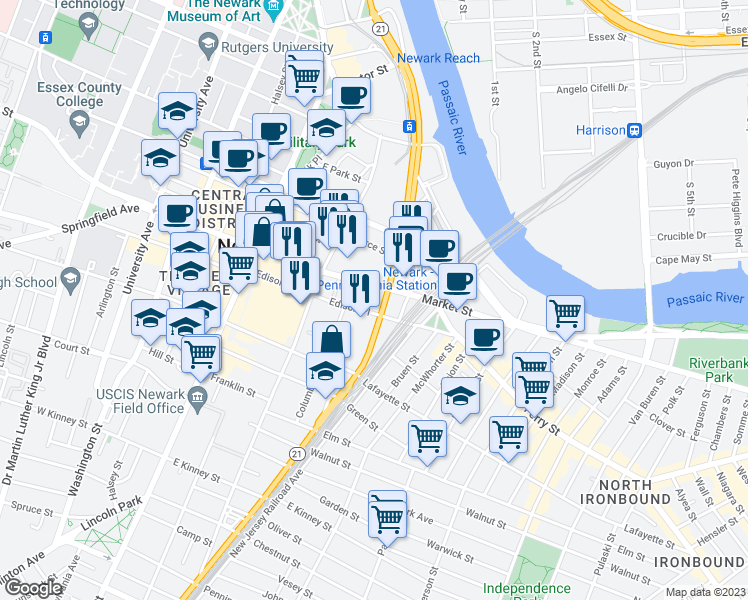 map of restaurants, bars, coffee shops, grocery stores, and more near 769 McCarter Highway in Newark