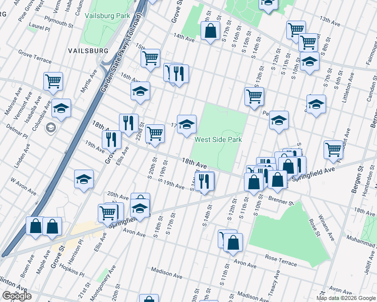 map of restaurants, bars, coffee shops, grocery stores, and more near 643 South 17th Street in Newark