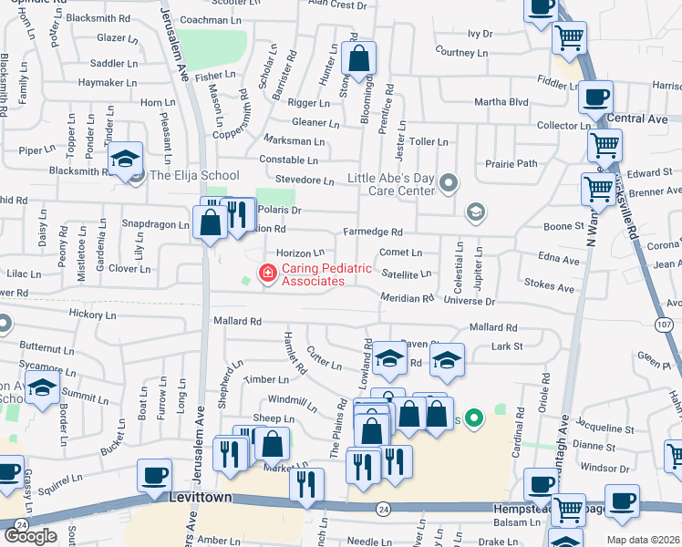 map of restaurants, bars, coffee shops, grocery stores, and more near 105 Constellation Road in Levittown
