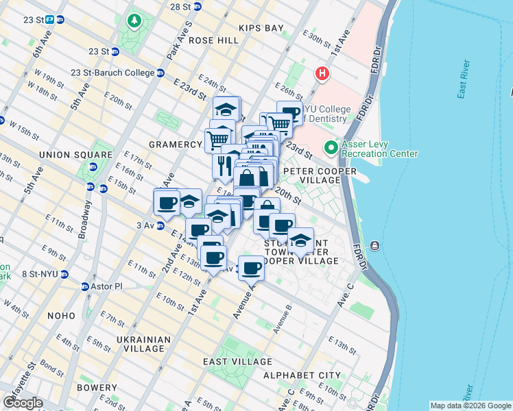 map of restaurants, bars, coffee shops, grocery stores, and more near 300 1st Avenue in New York