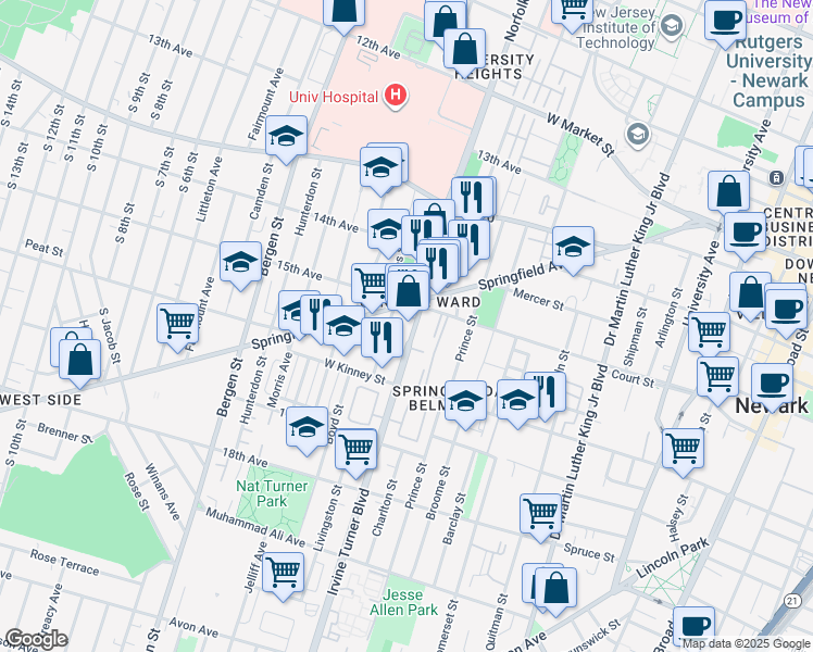 map of restaurants, bars, coffee shops, grocery stores, and more near 18 Irvine Turner Boulevard in Newark