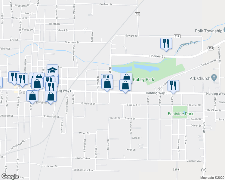 map of restaurants, bars, coffee shops, grocery stores, and more near 105 North East Street in Galion