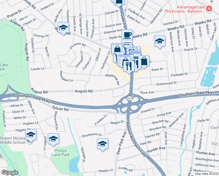 map of restaurants, bars, coffee shops, grocery stores, and more near 1233 August Road in North Babylon