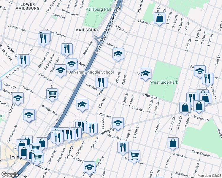 map of restaurants, bars, coffee shops, grocery stores, and more near 312 Ellis Avenue in Irvington