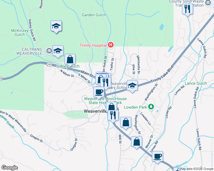map of restaurants, bars, coffee shops, grocery stores, and more near 34 Center Street in Weaverville