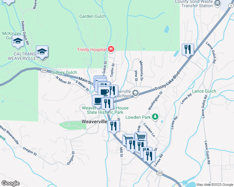 map of restaurants, bars, coffee shops, grocery stores, and more near 205 Church Street in Weaverville