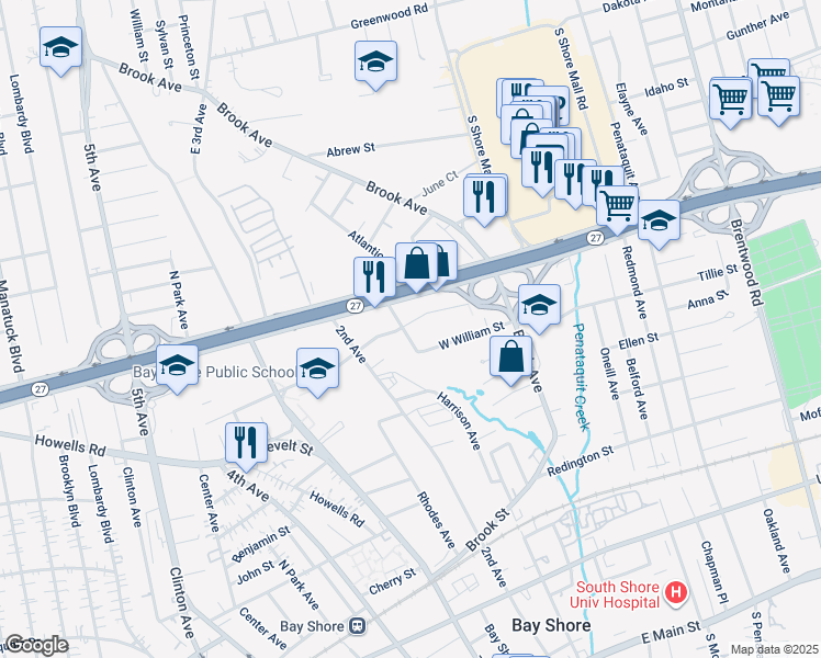 map of restaurants, bars, coffee shops, grocery stores, and more near 10 Ross Avenue in Bay Shore