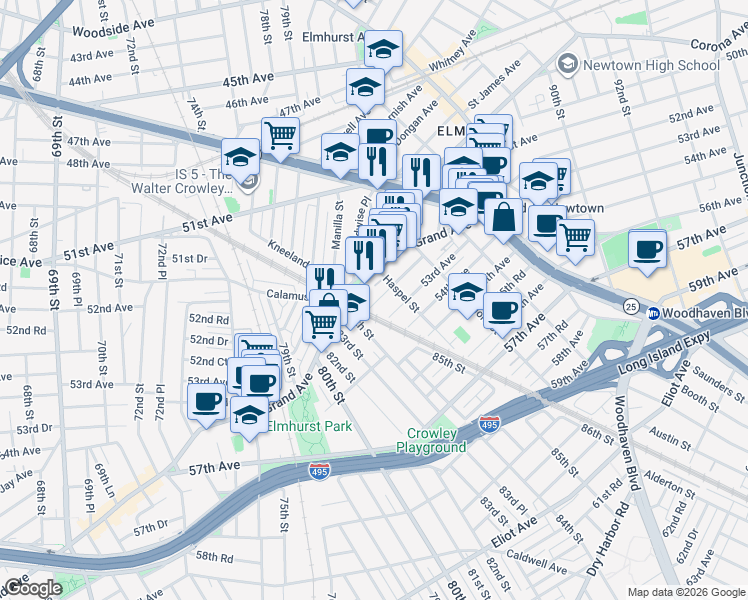 map of restaurants, bars, coffee shops, grocery stores, and more near 84-34 Grand Avenue in Queens