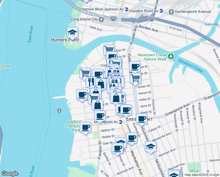 map of restaurants, bars, coffee shops, grocery stores, and more near 145 Green Street in Brooklyn