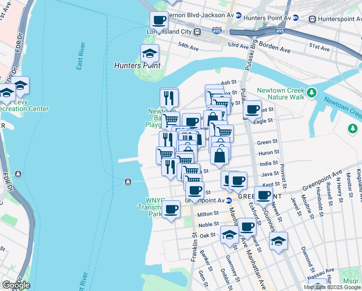 map of restaurants, bars, coffee shops, grocery stores, and more near 74 Freeman Street in Brooklyn