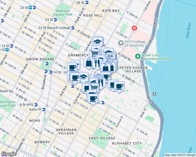 map of restaurants, bars, coffee shops, grocery stores, and more near in New York