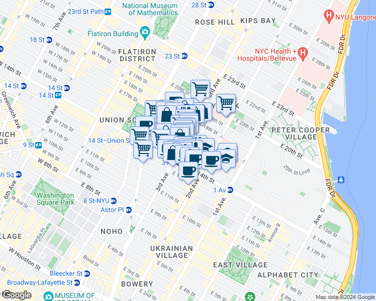 map of restaurants, bars, coffee shops, grocery stores, and more near 207 East 15th Street in New York