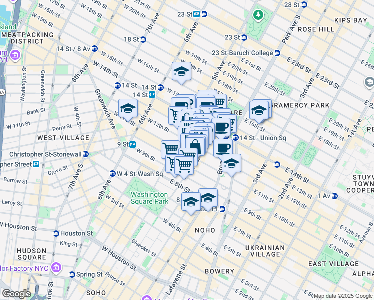 map of restaurants, bars, coffee shops, grocery stores, and more near 1620 East 12th Street in New York