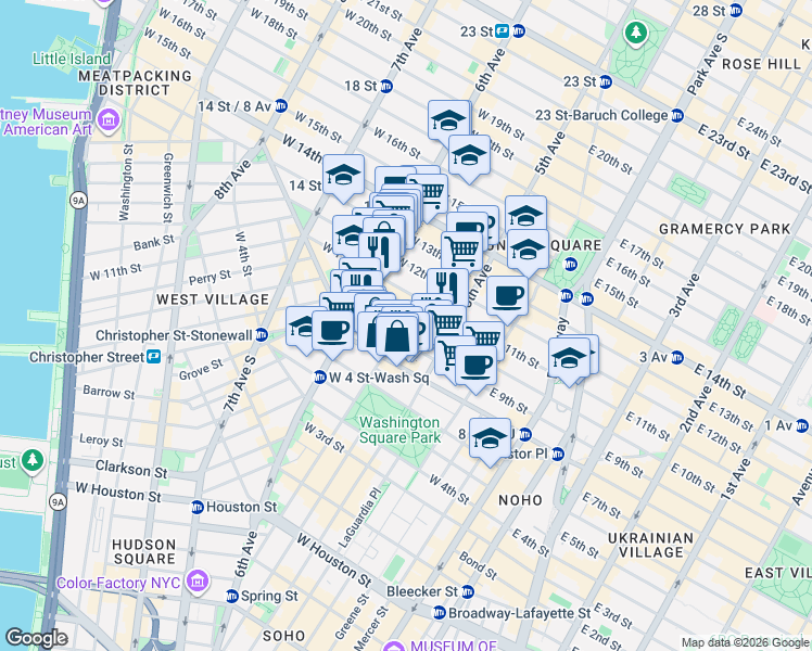map of restaurants, bars, coffee shops, grocery stores, and more near 19 West 10th Street in New York