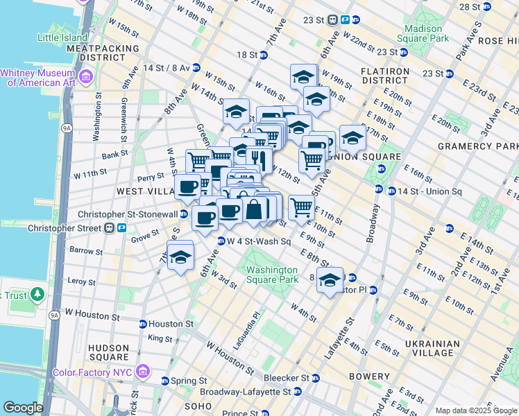 map of restaurants, bars, coffee shops, grocery stores, and more near 53 West 9th Street in New York