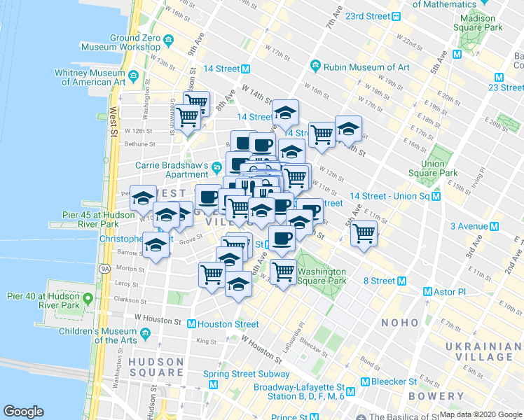 map of restaurants, bars, coffee shops, grocery stores, and more near 169 Waverly Place in New York
