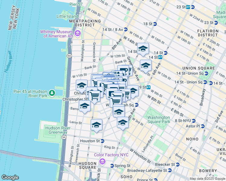 map of restaurants, bars, coffee shops, grocery stores, and more near 93 Christopher Street in New York