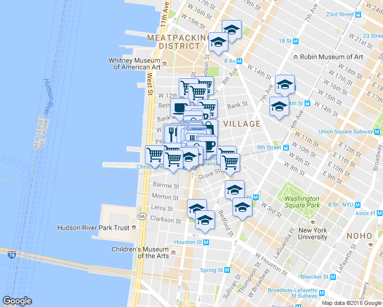 map of restaurants, bars, coffee shops, grocery stores, and more near in New York