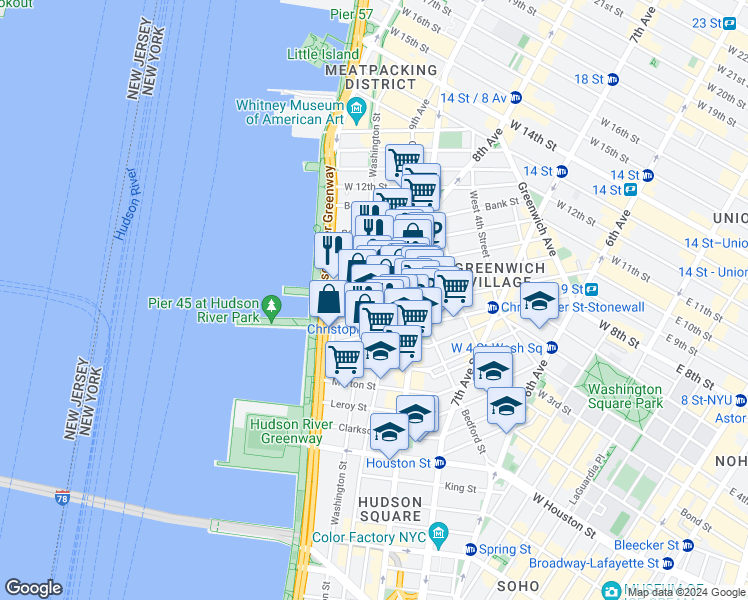map of restaurants, bars, coffee shops, grocery stores, and more near 693 Washington Street in New York