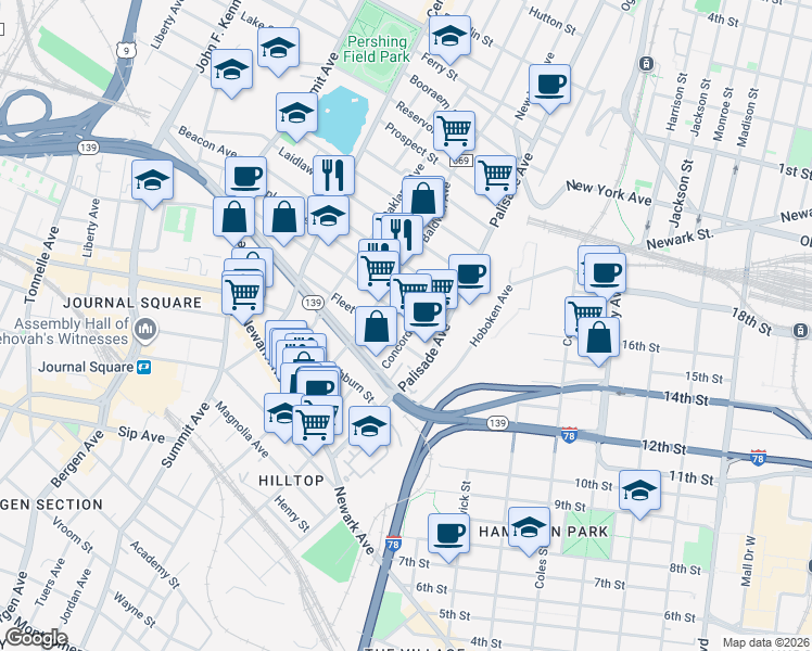 map of restaurants, bars, coffee shops, grocery stores, and more near 22 Saint Pauls Avenue in Jersey City
