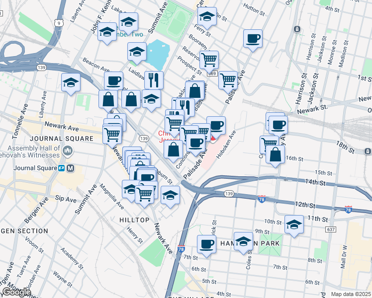 map of restaurants, bars, coffee shops, grocery stores, and more near 22 Saint Pauls Avenue in Jersey City