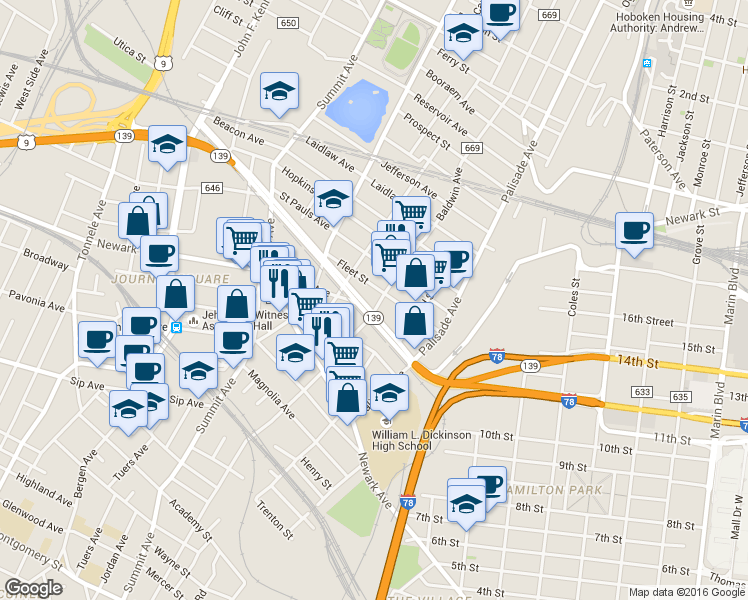 map of restaurants, bars, coffee shops, grocery stores, and more near 366 Hoboken Avenue in Jersey City