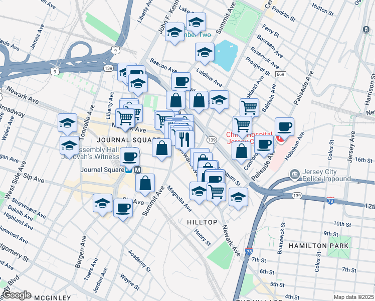 map of restaurants, bars, coffee shops, grocery stores, and more near 634 Newark Avenue in Jersey City