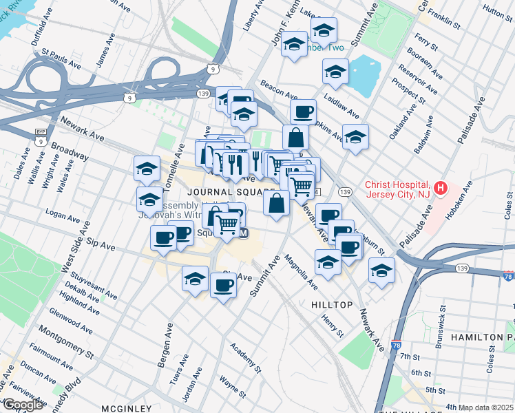 map of restaurants, bars, coffee shops, grocery stores, and more near 36 Van Reipen Avenue in Jersey City