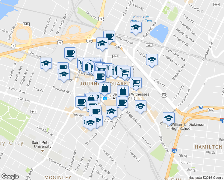 map of restaurants, bars, coffee shops, grocery stores, and more near in Jersey City